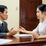 **

A warm, inviting law office scene. A Vietnamese lawyer and a client sit across a table, engaged in active listening and open discussion. Legal documents are spread on the table, but the focus is on their collaborative eye contact and expressions of mutual understanding. Emphasize trust and empathy.

**