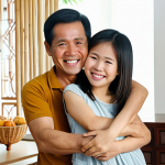 **

A Vietnamese family (father, mother, child) smiling and embracing inside their home. The scene conveys happiness, equality, and mutual respect. Light and airy feel.

**