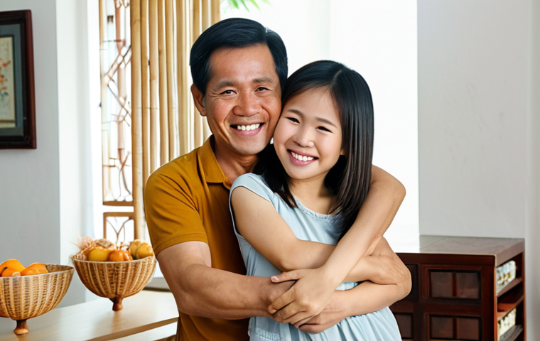 **

A Vietnamese family (father, mother, child) smiling and embracing inside their home. The scene conveys happiness, equality, and mutual respect. Light and airy feel.

**