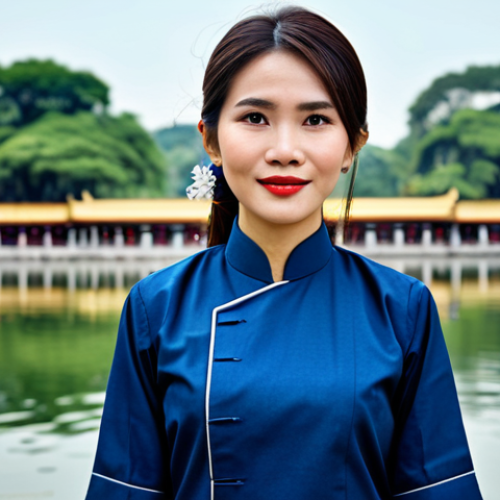 **Prompt:** A Vietnamese businesswoman in a modern áo dài (traditional Vietnamese dress) made of sustainable materials, standing in front of the Hoan Kiem Lake in Hanoi, fully clothed, modest attire, safe for work, perfect anatomy, natural proportions, professional photograph, high quality.