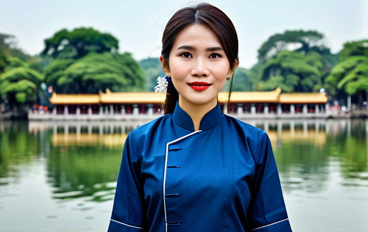 **Prompt:** A Vietnamese businesswoman in a modern áo dài (traditional Vietnamese dress) made of sustainable materials, standing in front of the Hoan Kiem Lake in Hanoi, fully clothed, modest attire, safe for work, perfect anatomy, natural proportions, professional photograph, high quality.