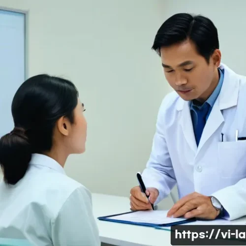 변호사와 의료법 사례 연구 - A serene and modern Vietnamese clinic consultation room. A Vietnamese female patient in her late 20s...