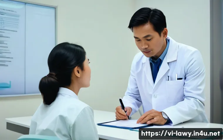 변호사와 의료법 사례 연구 - A serene and modern Vietnamese clinic consultation room. A Vietnamese female patient in her late 20s...