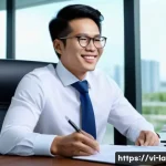 Home 20 변호사 연봉 협상에서 유리한 기술 - A confident Vietnamese lawyer in formal business attire sitting upright at a negotiation table in a ...