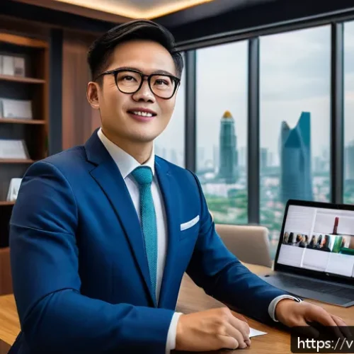 Home 31 변호사 이직 시장 트렌드 - A modern Vietnamese lawyer working remotely from a stylish home office, surrounded by multiple digit...