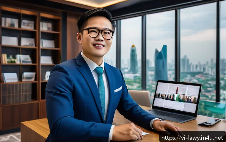 변호사 이직 시장 트렌드 - A modern Vietnamese lawyer working remotely from a stylish home office, surrounded by multiple digit...