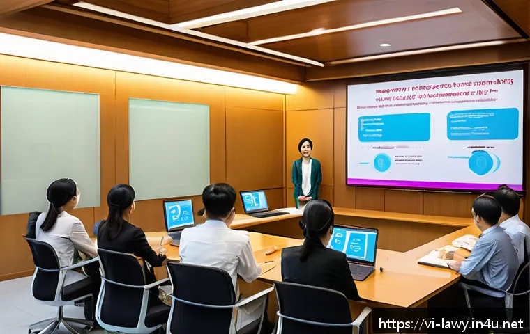 변호사와 노동법 실무 적용 - A modern Vietnamese office scene showing diverse employees and managers engaged in a training sessio...