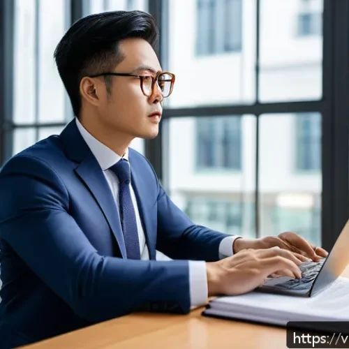 Home 17 변호사와 소셜 미디어 활용 사례 - A professional Vietnamese corporate lawyer in a modern office setting, wearing a neat suit and glass...