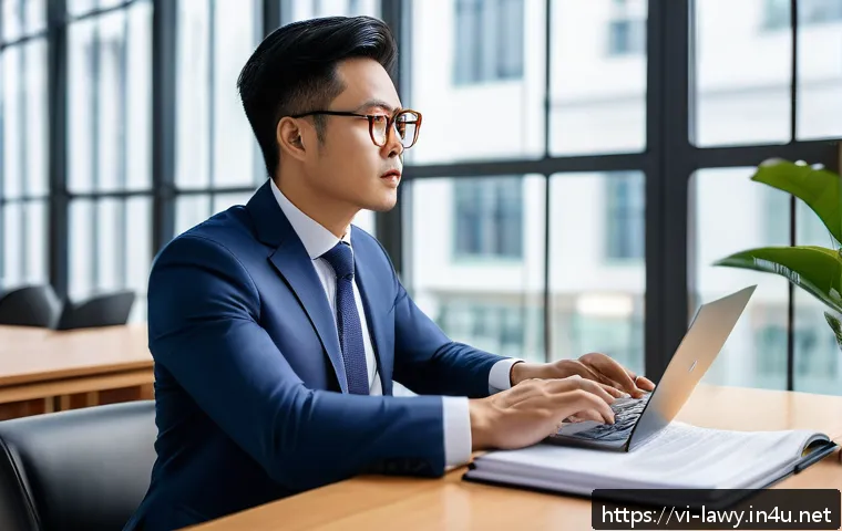 변호사와 소셜 미디어 활용 사례 - A professional Vietnamese corporate lawyer in a modern office setting, wearing a neat suit and glass...