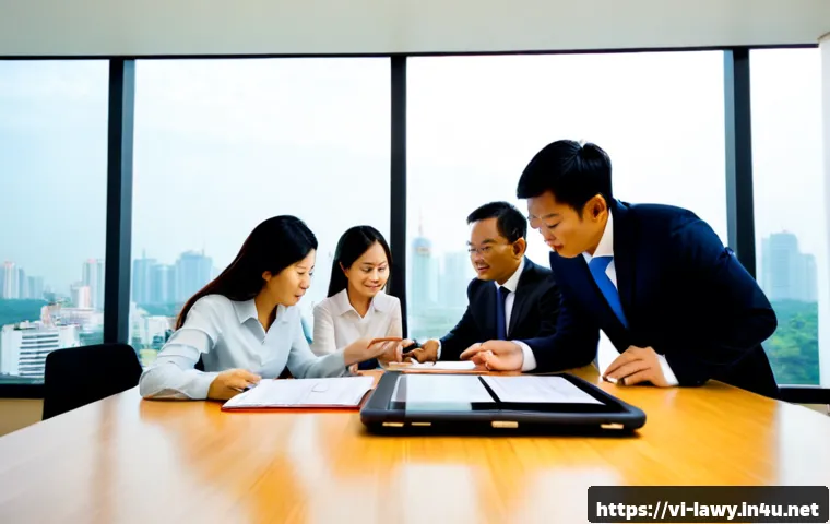 Home 15 변호사와 팀워크 향상 전략 - Photorealistic Vietnamese legal team in a modern Ho Chi Minh City office, lawyer and three colleague...