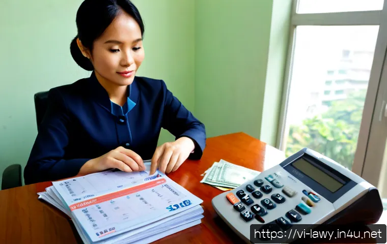 Home 15 변호사 수익 구조 분석 - Photorealistic Vietnamese legal professional in a modern Hanoi law office, seated at a clean wooden ...